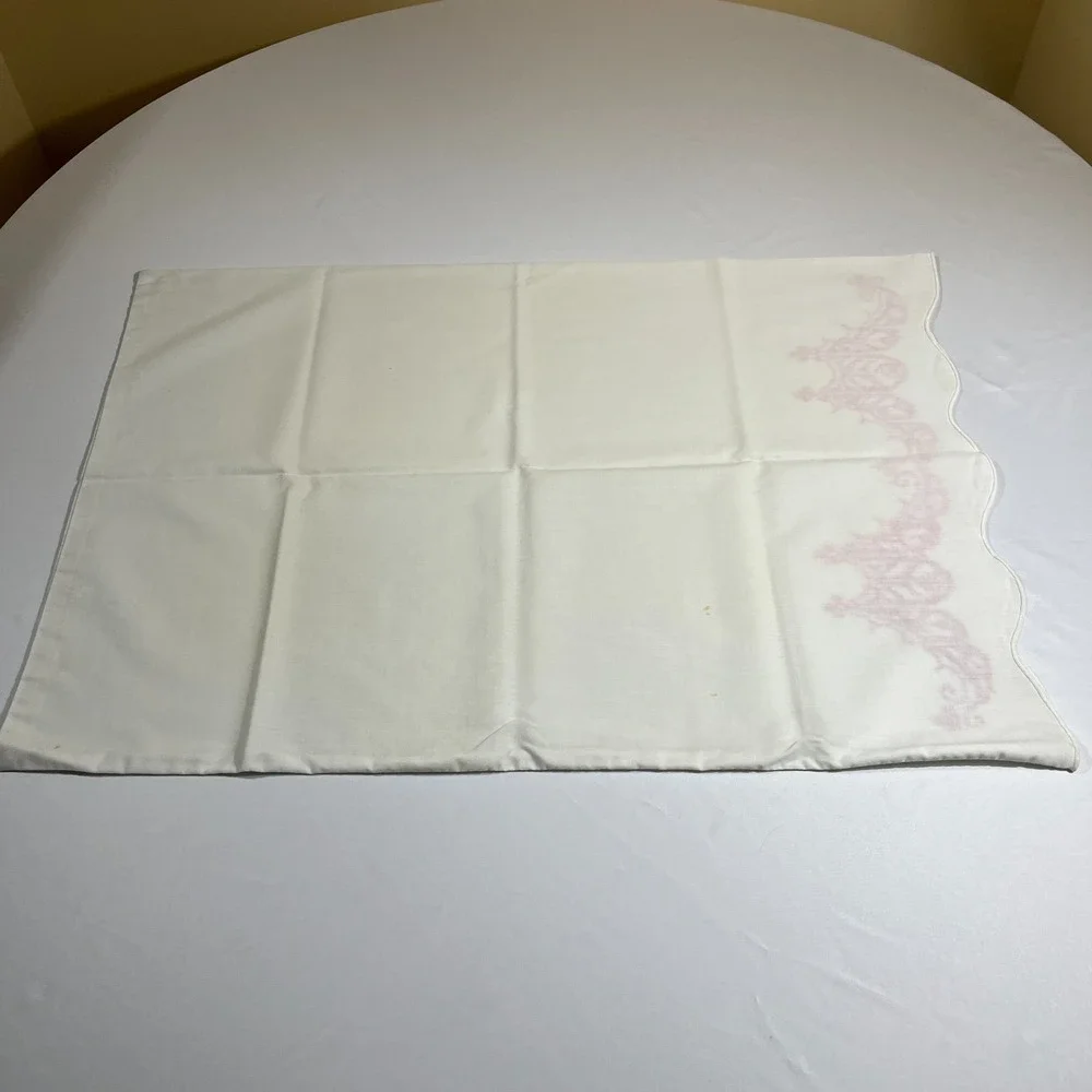 Vintage Cross Stitch Pillowcases White Cotton Pink Scalloped Edge Cottagecore 2p